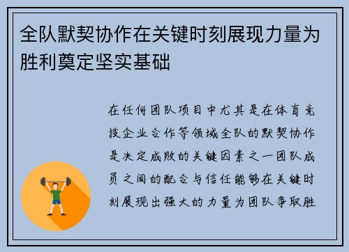 全队默契协作在关键时刻展现力量为胜利奠定坚实基础