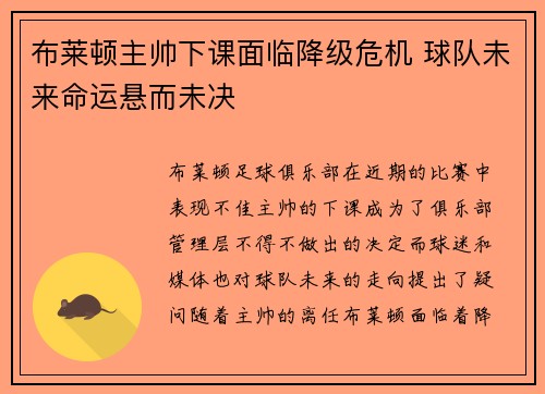 布莱顿主帅下课面临降级危机 球队未来命运悬而未决